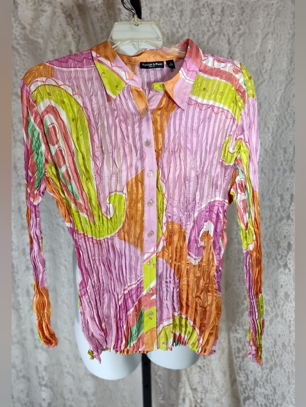 Essentials by Milano Pink, Orange & Lime Crinkle Button-Down Shirt